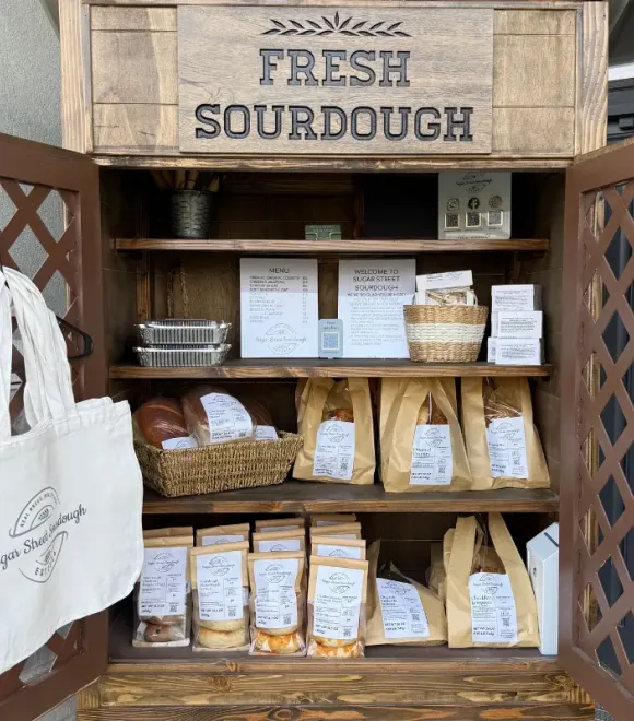 The stocked Sugar Street Bread Shed at Huntsville Mercantile.